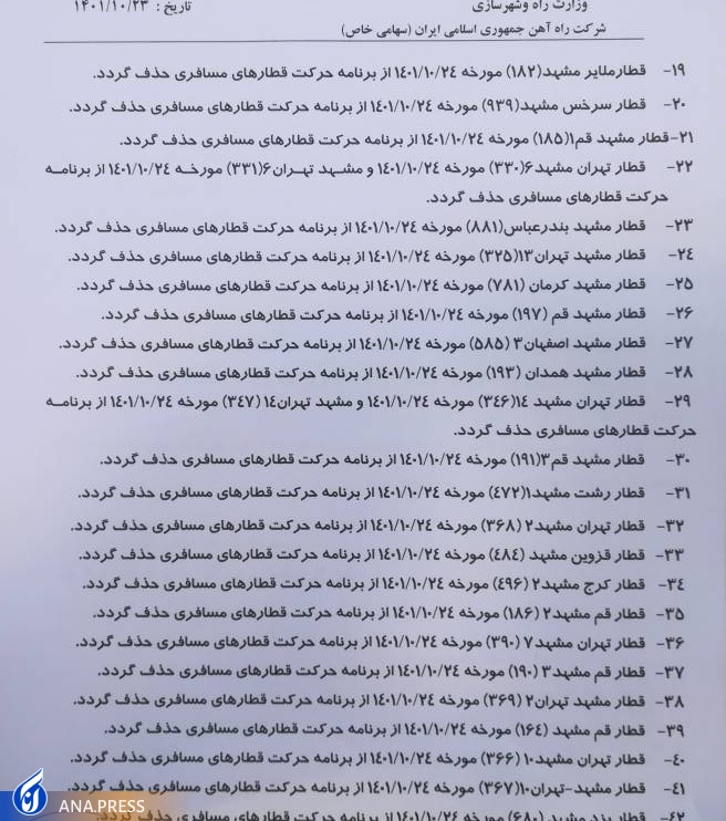 برنامه حرکت ۵۵ رام قطار مسافری امروز لغو شد + سند برنامه حرکت ۵۵ رام قطار مسافری امروز لغو شد + سند