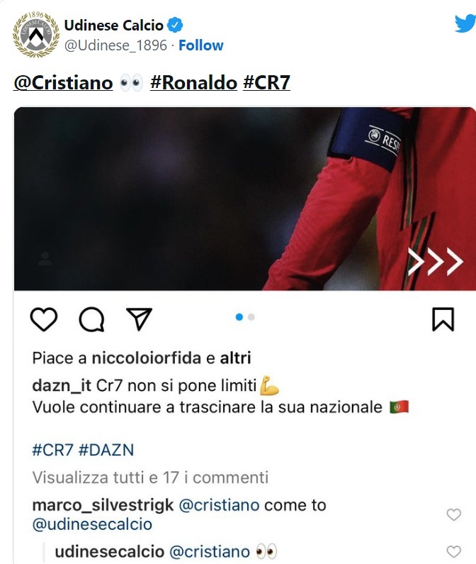 اودینزه هم با رونالدو شوخی کرد؛ بیا کریستیانو!+عکس