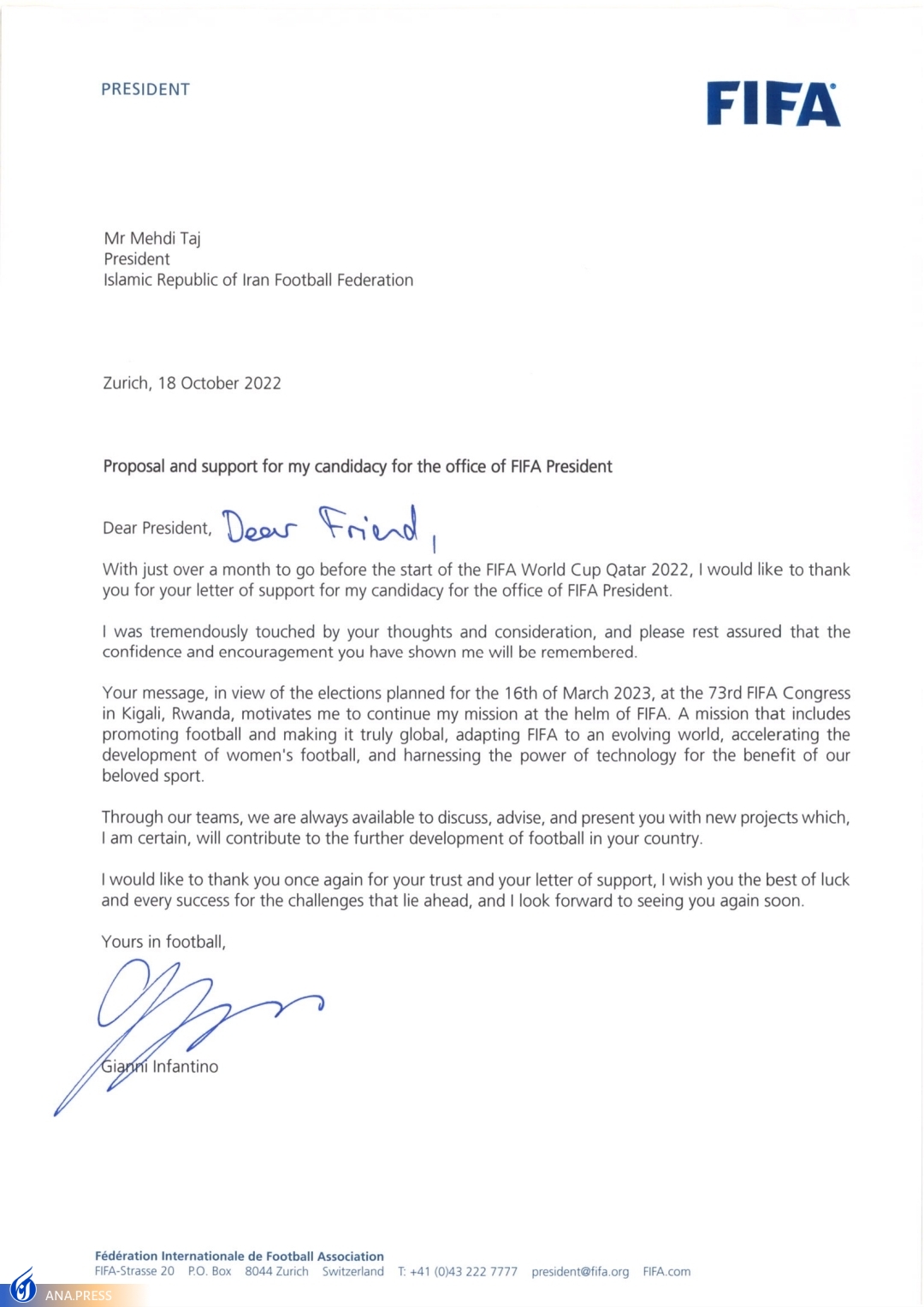 نامه رسمی رئیس فدراسیون جهانی فوتبال به تاج+عکس نامه رسمی رئیس فدراسیون جهانی فوتبال به تاج+عکس