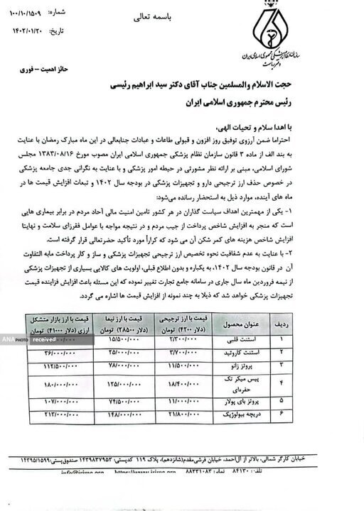نامه مهم رئیس سازمان نظام پزشکی به رئیسی نامه مهم رئیس سازمان نظام پزشکی به رئیسی