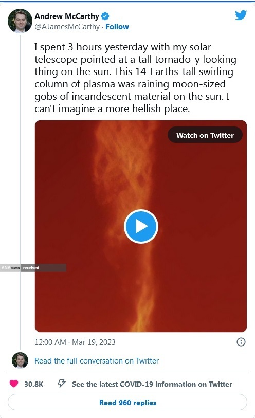 تیراندازی عظیم گردباد از خورشید نمایش داده میشود تیراندازی عظیم گردباد از خورشید نمایش داده میشود