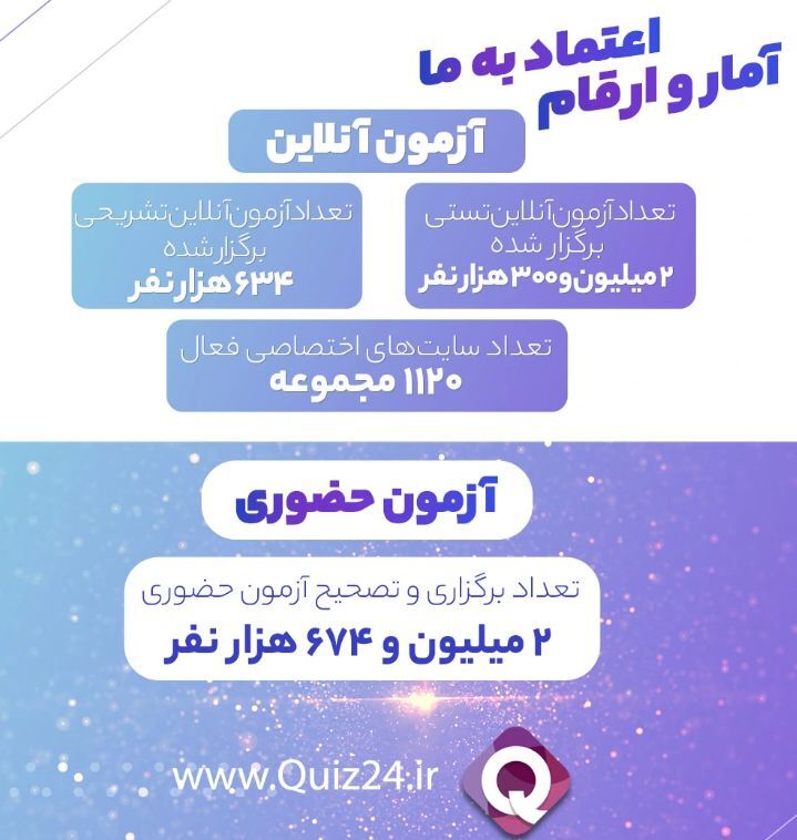 کوییز ۲۴ شرکتی خلاق برای برگزاری آزمون آنلاین کوییز ۲۴ شرکتی خلاق برای برگزاری آزمون آنلاین