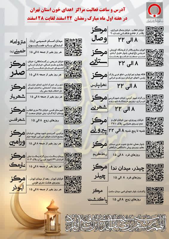 فعالیت ۱۵ مركز اهدای خون استان تهران در هفته اول ماه مبارك رمضان فعالیت ۱۵ مركز اهدای خون استان تهران در هفته اول ماه مبارك رمضان
