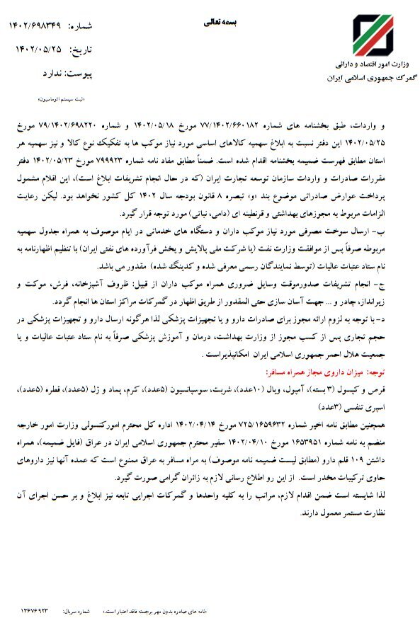 میزان داروهای مجاز همراه مسافر اربعین اعلام شد نامه