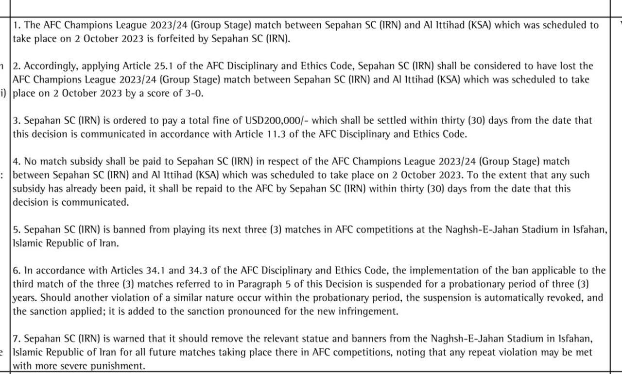 لیگ قهرمانان آسیا| تصویر حکم کمیته انضباطی AFC درباره بازی سپاهان - الاتحاد لیگ قهرمانان آسیا| تصویر حکم کمیته انضباطی AFC درباره بازی سپاهان - الاتحاد