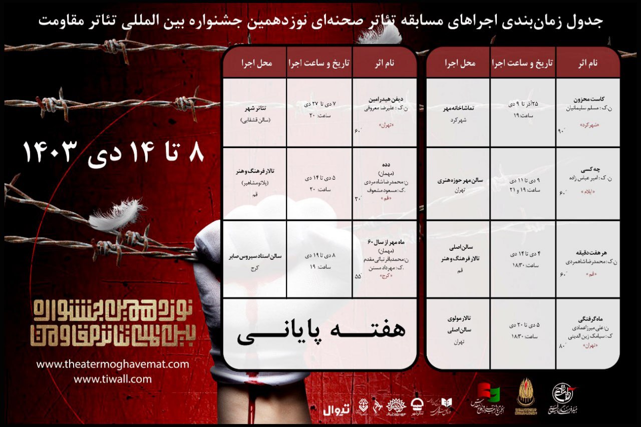 برنامههای هفته پایانی بخش مسابقه تئاتر صحنهای جشنواره تئاتر مقاومت برنامههای هفته پایانی بخش مسابقه تئاتر صحنهای جشنواره تئاتر مقاومت