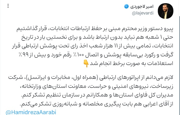 رکورد بیسابقه پوشش ارتباطی و اتصال ۱۰۰٪ در انتخابات رکورد بیسابقه پوشش ارتباطی و اتصال ۱۰۰٪ در انتخابات