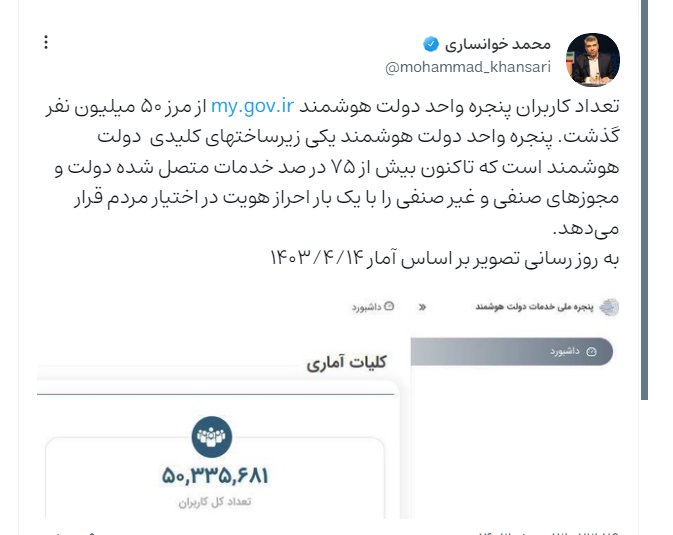 کاربران پنجره واحد دولت هوشمند از مرز ۵۰ میلیون نفر گذشت کاربران پنجره واحد دولت هوشمند از مرز ۵۰ میلیون نفر گذشت