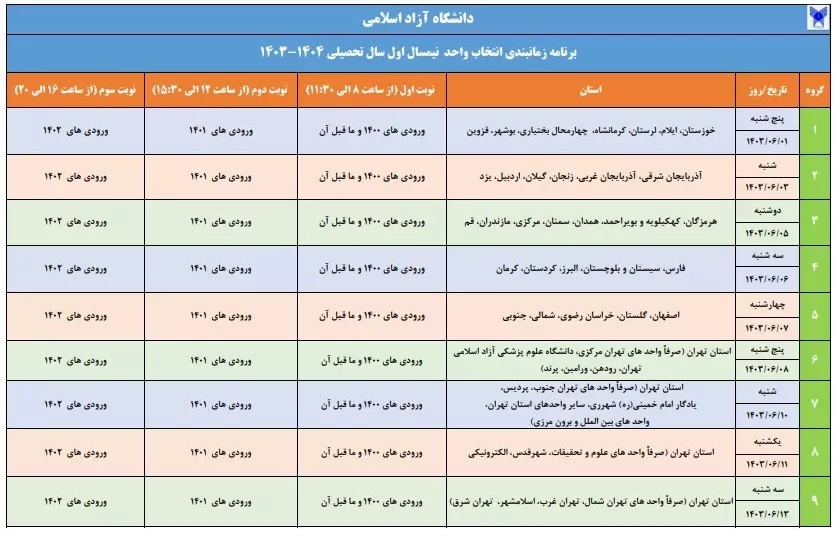 برنامه زمان‌بندی انتخاب واحد دانشجویان دانشگاه آزاد اسلامی اعلام شد