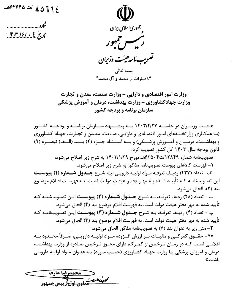 لیست داروهای وارداتی مشمول حقوق گمرکی و مالیات ارزش افزوده یکدرصدی ابلاغ شد لیست داروهای وارداتی مشمول حقوق گمرکی و مالیات ارزش افزوده یکدرصدی ابلاغ شد
