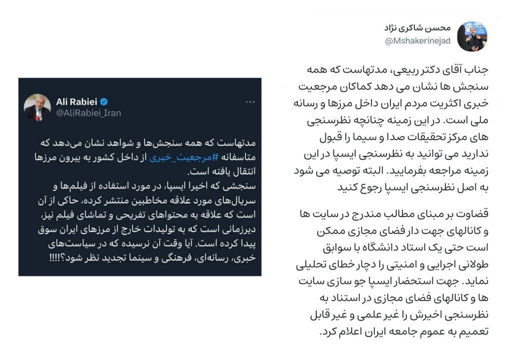 واکنش رئیس مرکز تحقیقات صداوسیما به توئیت دستیار رئیس جمهور واکنش رئیس مرکز تحقیقات صداوسیما به توئیت دستیار رئیس جمهور