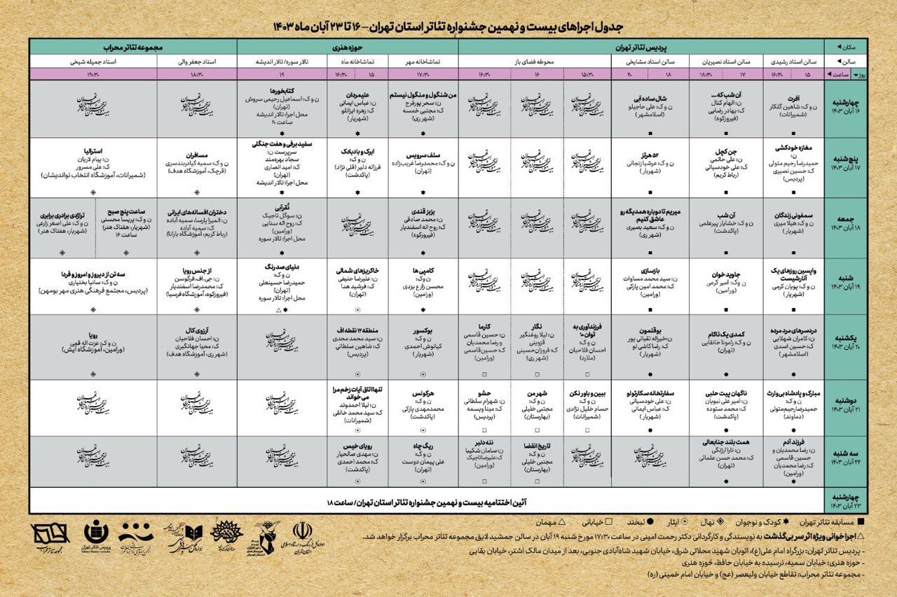 اجراهای بیست و نهمین جشنواره تئاتر استان تهران منتشر شد+جدول اجراهای بیست و نهمین جشنواره تئاتر استان تهران منتشر شد+جدول