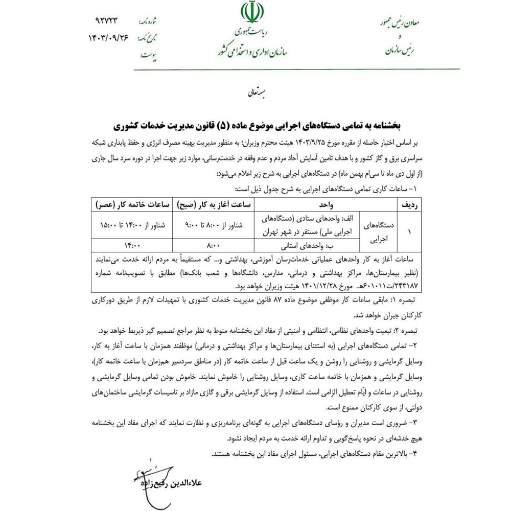 مصوبۀ هیئت دولت برای تغییر ساعتکاری دستگاههای اجرایی ابلاغ شد +مصوبه مصوبۀ هیئت دولت برای تغییر ساعتکاری دستگاههای اجرایی ابلاغ شد +مصوبه