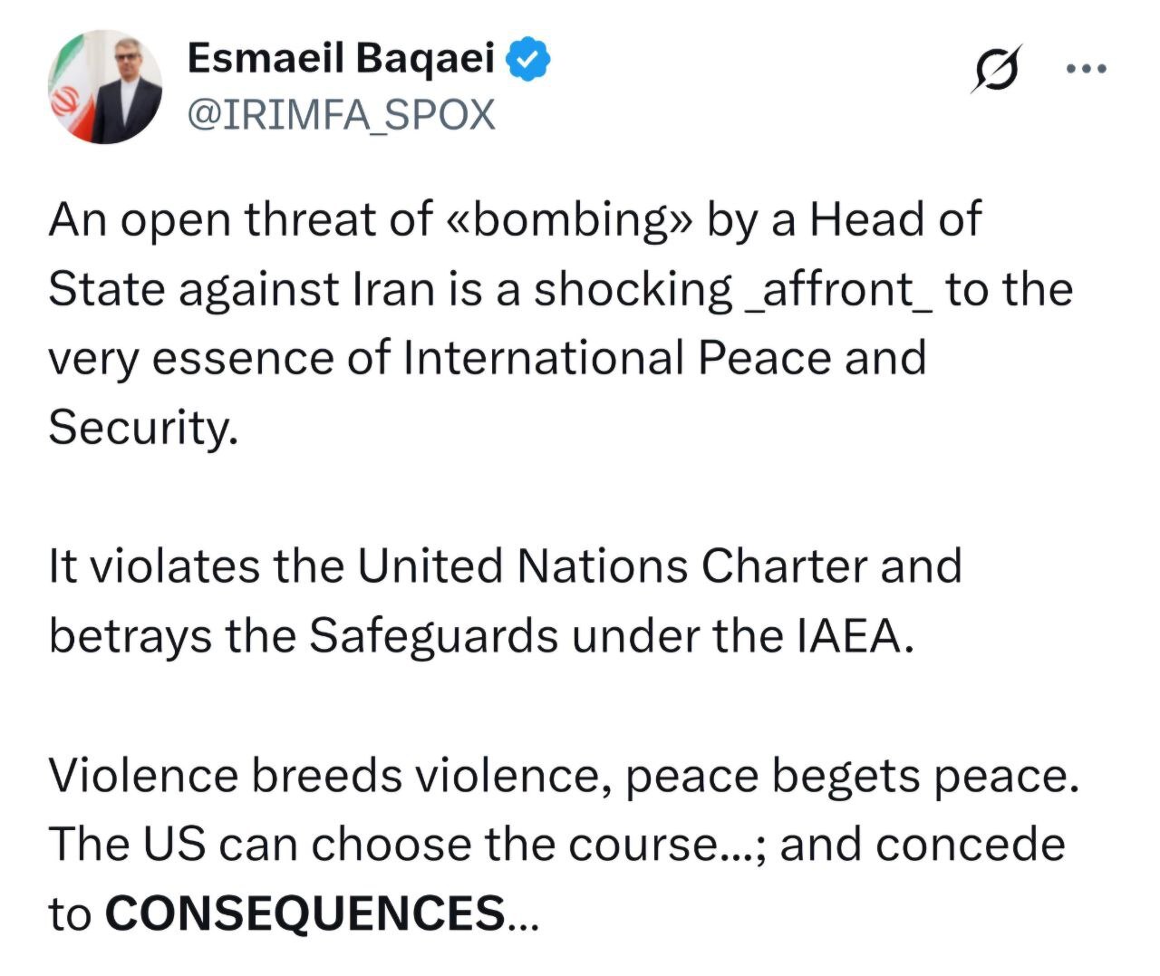 بقایی: خشونت، خشونت می‌زاید و صلح‌، صلح می‌آفریند