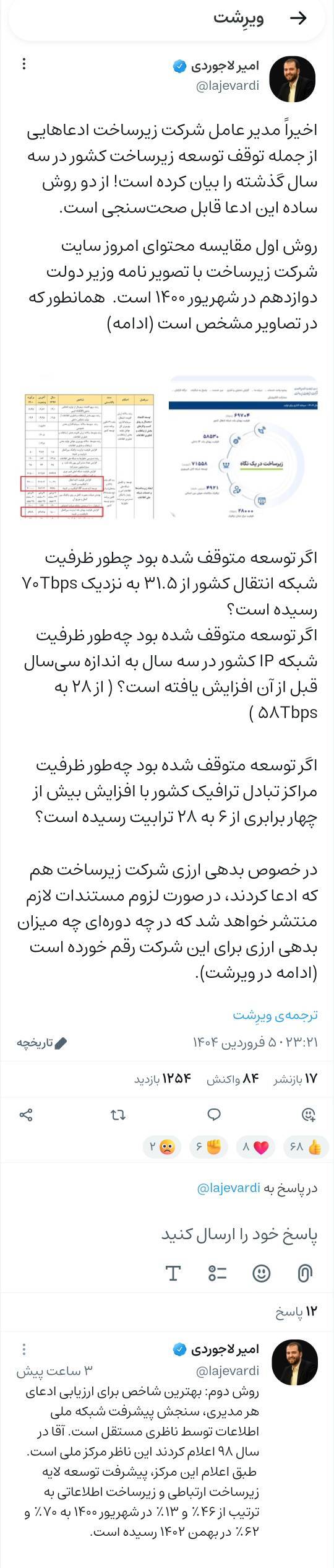 جانشین وزیر ارتباطات در دولت سیزدهم برای رد ادعای مدیرعامل فعلی شرکت ارتباطات زیرساخت سند رو کرد جانشین وزیر ارتباطات در دولت سیزدهم برای رد ادعای مدیرعامل فعلی شرکت ارتباطات زیرساخت سند رو کرد