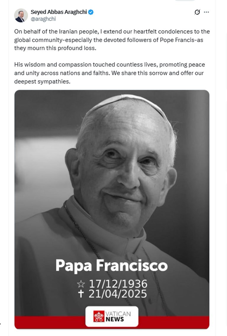 پیام تسلیت عراقچی در پی درگذشت پاپ فرانسیس پیام تسلیت عراقچی در پی درگذشت پاپ فرانسیس