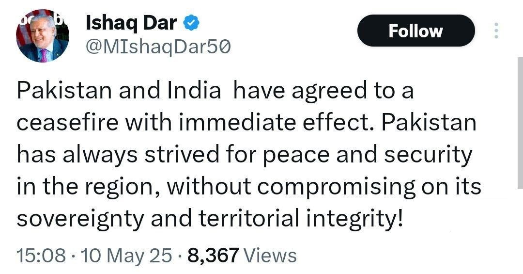 ترامپ: هند و پاکستان با آتشبس فوری موافقت کردند/ پاکستان تائید کرد ترامپ: هند و پاکستان با آتشبس فوری موافقت کردند/ پاکستان تائید کرد