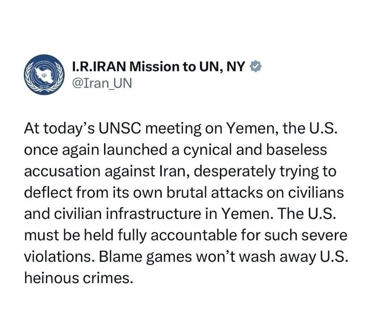 واکنش نمایندگی ایران به اتهامات بی‌اساس آمریکا