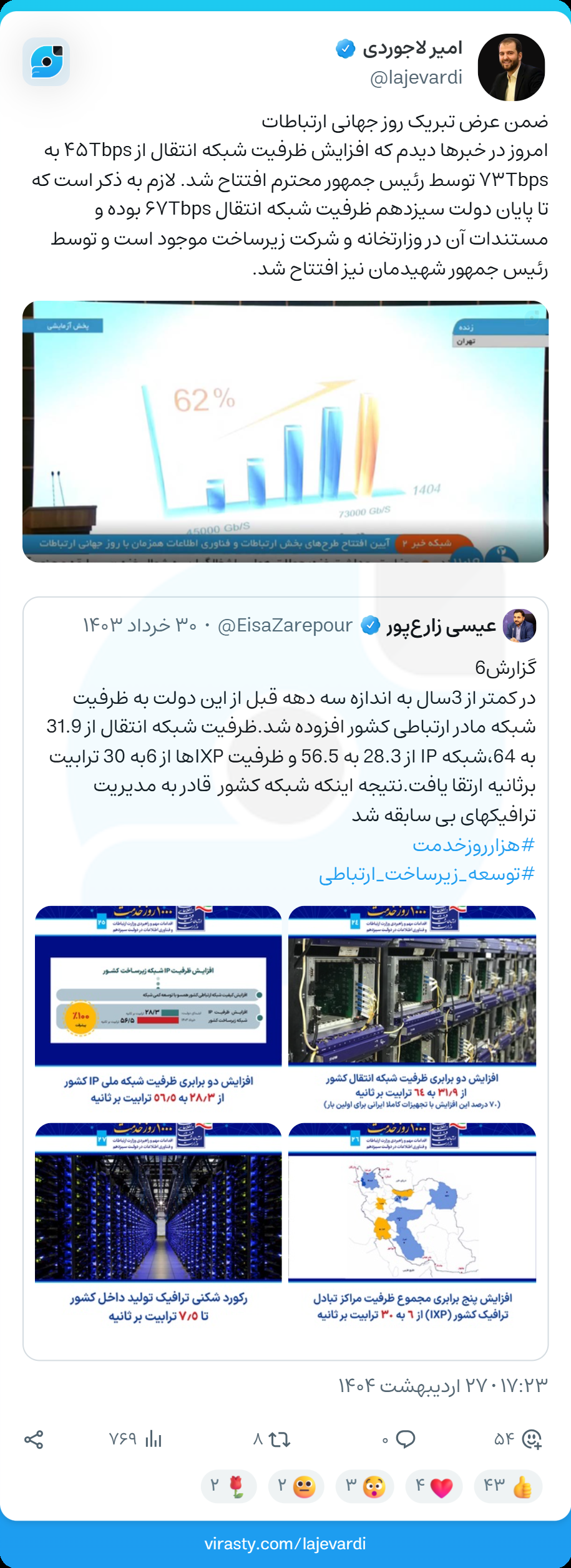 مستندات رسیدن ظرفیت شبکه انتقال زیرساخت کشور به ۶۷ ترابیت بر ثانیه تا پایان دولت سیزدهم موجود است مستندات رسیدن ظرفیت شبکه انتقال زیرساخت کشور به ۶۷ ترابیت بر ثانیه تا پایان دولت سیزدهم موجود است