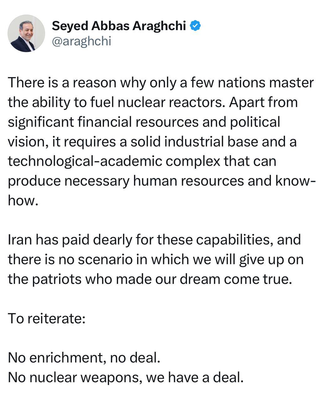 عراقچی: در هیچ شرایطی ما وطنپرستانی که توانمندی هایمان را محقق ساختند، ناامید نخواهیم ساخت عراقچی: در هیچ شرایطی ما وطنپرستانی که توانمندی هایمان را محقق ساختند، ناامید نخواهیم ساخت