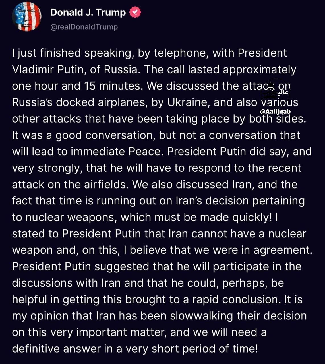 ترامپ: پوتین مشارکت در مذاکرات ایران را پیشنهاد داده/ صلح با اوکراین به زودی رخ نخواهد داد