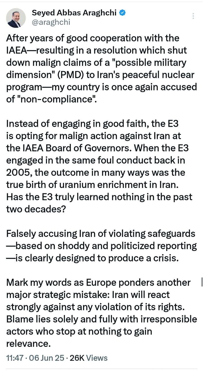 هشدار صریح عراقچی به اروپا: در برابر نقض حقوق ایران واکنش قاطع نشان خواهیم داد هشدار صریح عراقچی به اروپا: در برابر نقض حقوق ایران واکنش قاطع نشان خواهیم داد