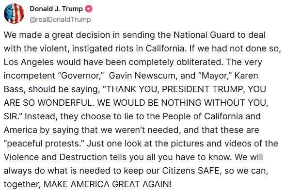ترامپ: اگر گارد ملی اعزام نمیشد، لسآنجلس نابود میشد ترامپ: اگر گارد ملی اعزام نمیشد، لسآنجلس نابود میشد