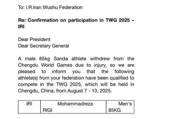 سهمیه ووشوی ایران در بازیهای جهانی چنگدو به عدد ۵ رسید+سند سهمیه ووشوی ایران در بازیهای جهانی چنگدو به عدد ۵ رسید+سند
