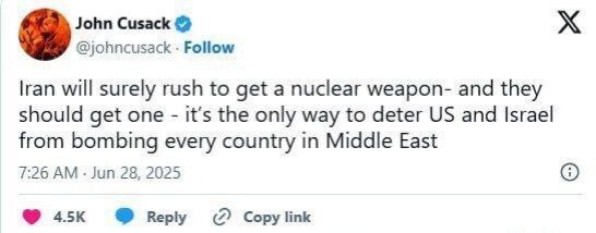 بازیگر آمریکایی: ایران باید سلاح هسته ای بسازد بازیگر آمریکایی: ایران باید سلاح هسته ای بسازد