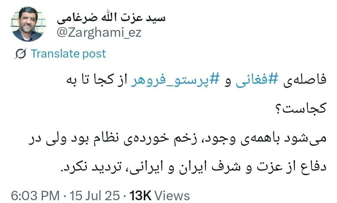 ضرغامی: فاصله&zwnj;ی فغانی و پرستو فروهر از کجا تا به کجاست؟
