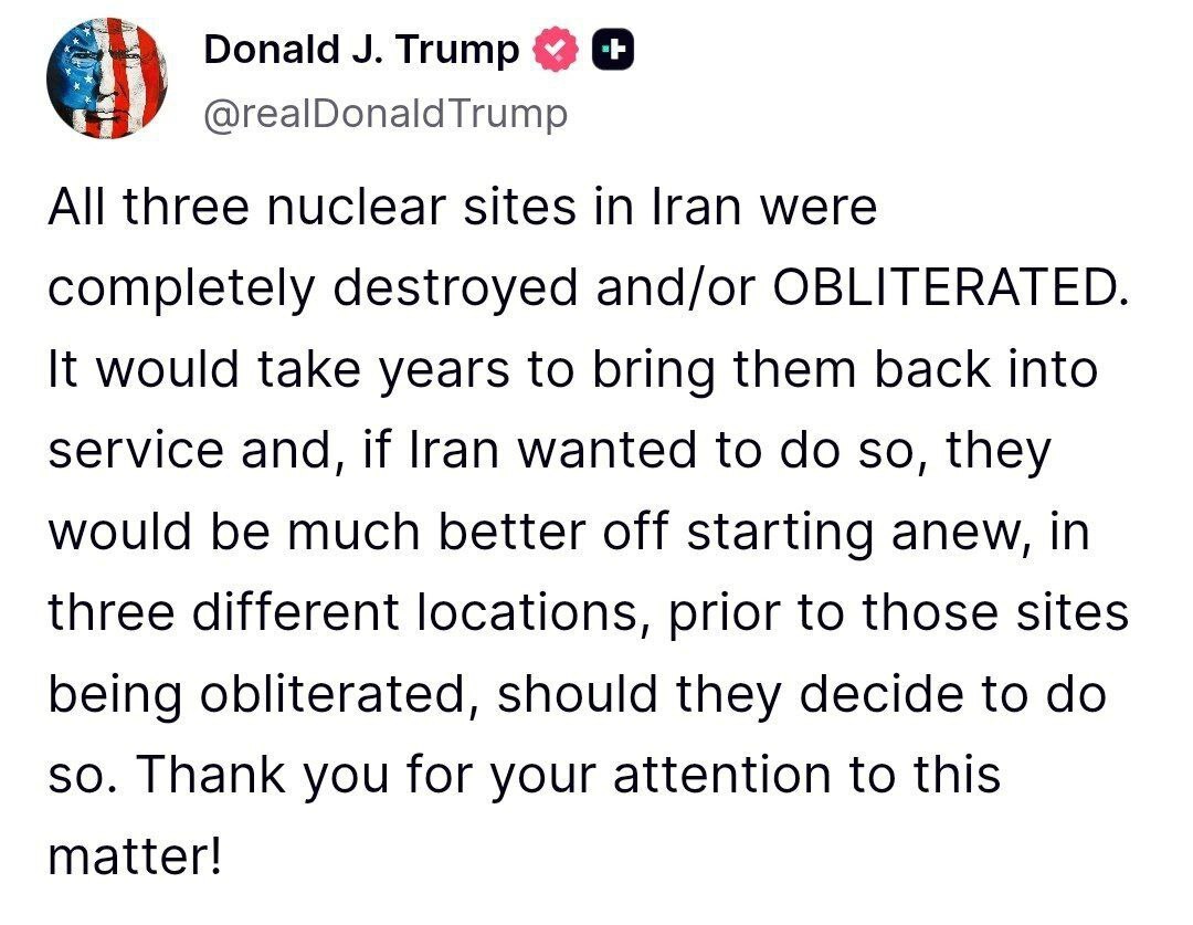 ترامپ: سایتهای هستهای ایران نابود شدند/ واشینگتن پست: ارزیابیها نشان میدهد ادعاهای ترامپ از واقعیت بهدور است ترامپ: سایتهای هستهای ایران نابود شدند/ واشینگتن پست: ارزیابیها نشان میدهد ادعاهای ترامپ از واقعیت بهدور است