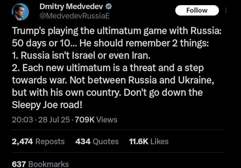 هشدار تند مدودف به ترامپ: روسیه نه اسرائیل است و نه ایران هشدار تند مدودف به ترامپ: روسیه نه اسرائیل است و نه ایران