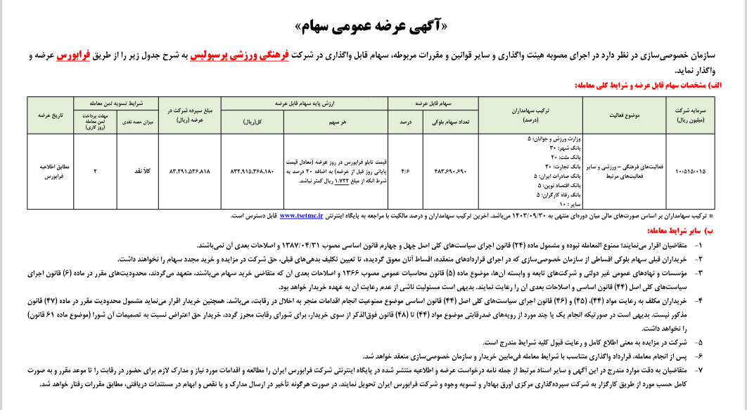 آگهی و شرایط فروش سهام پرسپولیس منتشر شد+عکس