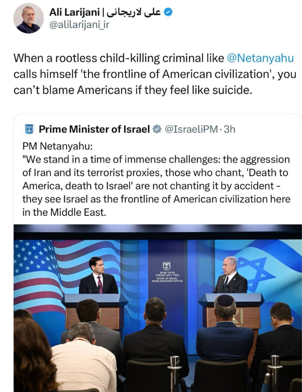 لاریجانی: آمریکایی‎‌ها حق دارند خودکشی کنند!