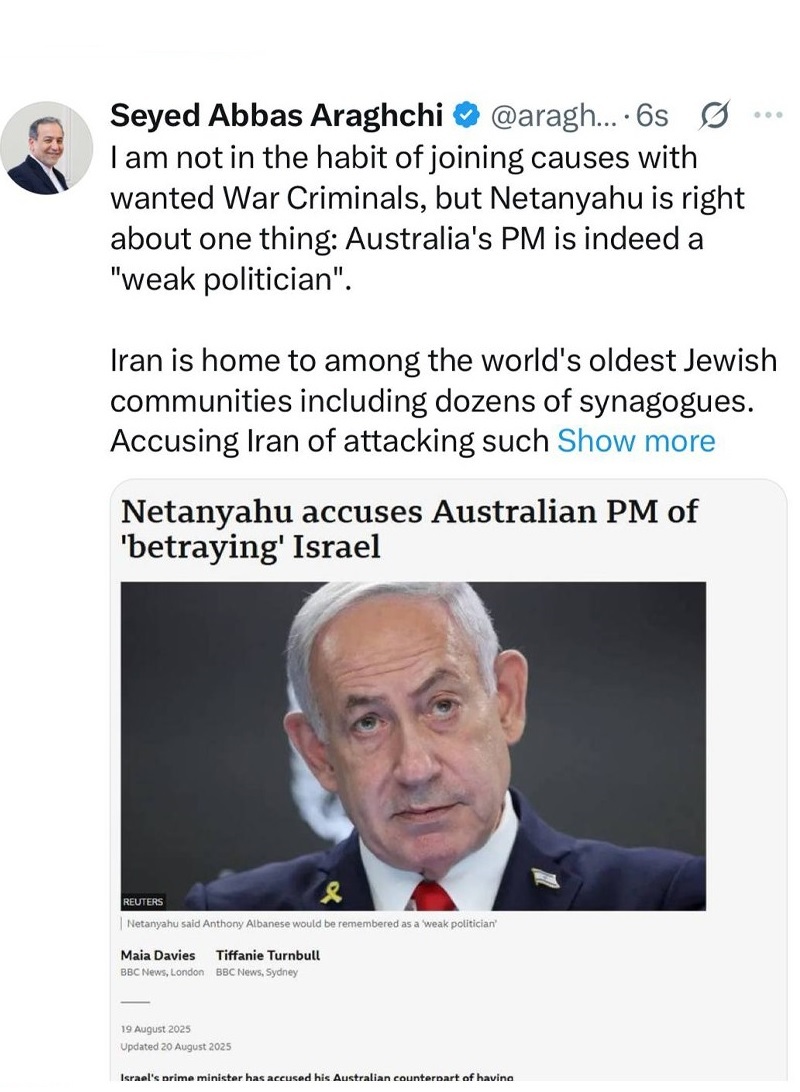 عراقچی: ظاهراً قرار است ایران بهای حمایت مردم استرالیا از فلسطین را بپردازد/ اتهامزنی به ایران کاملاً بیمعنی است عراقچی: ظاهراً قرار است ایران بهای حمایت مردم استرالیا از فلسطین را بپردازد/ اتهامزنی به ایران کاملاً بیمعنی است