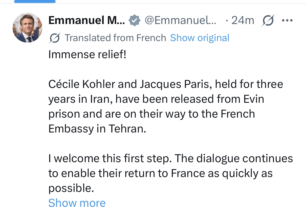مکرون: ایران دو شهروند فرانسوی را از بازداشت آزاد کرد مکرون: ایران دو شهروند فرانسوی را از بازداشت آزاد کرد