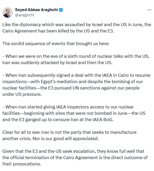 عراقچی: توافق قاهره توسط آمریکا و تروئیکا کشته شد