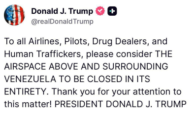 ترامپ حریم هوایی ونزوئلا و اطراف آن را «بسته» اعلام کرد