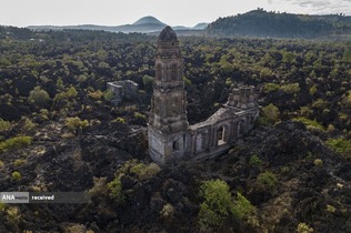 نمایی از یک برج کلیسا در نزدیکی آتشفشان پاریکوتین که چندین دهه پیش کلیسا را ​​مدفون کرده بود، در سان خوان پارانگاریکوتیرو، مکزیک