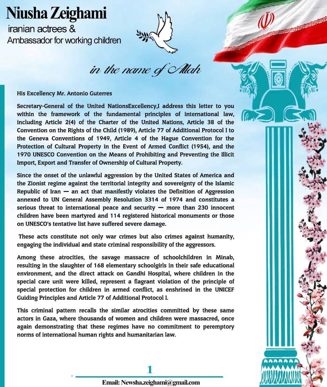 نامه «نیوشا ضیغمی» به دبیرکل سازمان ملل متحد