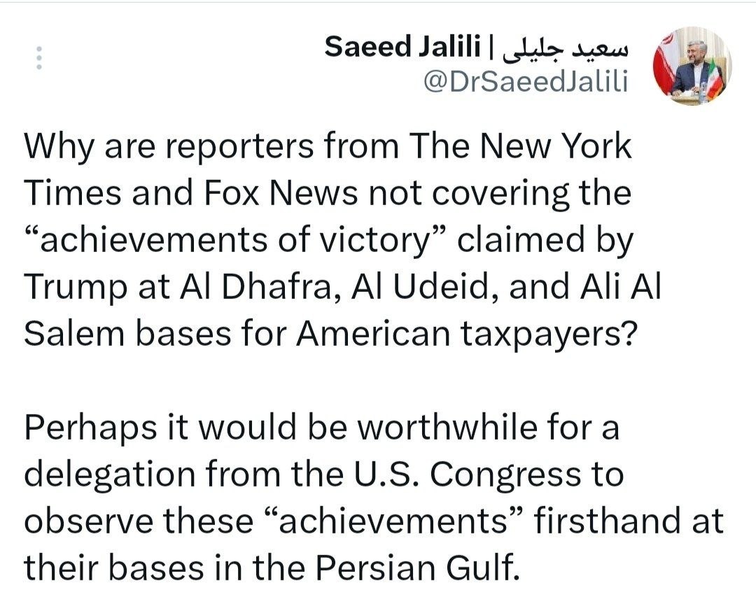 جلیلی خطاب به آمریکاییها: دستاوردهای ترامپ را از نزدیک در پایگاههایتان در خلیج فارس مشاهده کنید جلیلی خطاب به آمریکاییها: دستاوردهای ترامپ را از نزدیک در پایگاههایتان در خلیج فارس مشاهده کنید