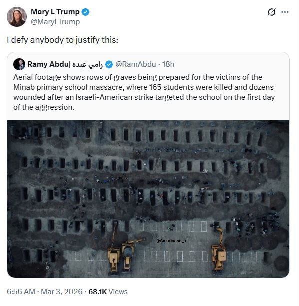 واکنش مری ترامپ به مراسم تشییع دانش‌آموزان مینابی/ با هرگونه توجیه این جنایت مقابله می‌کنم