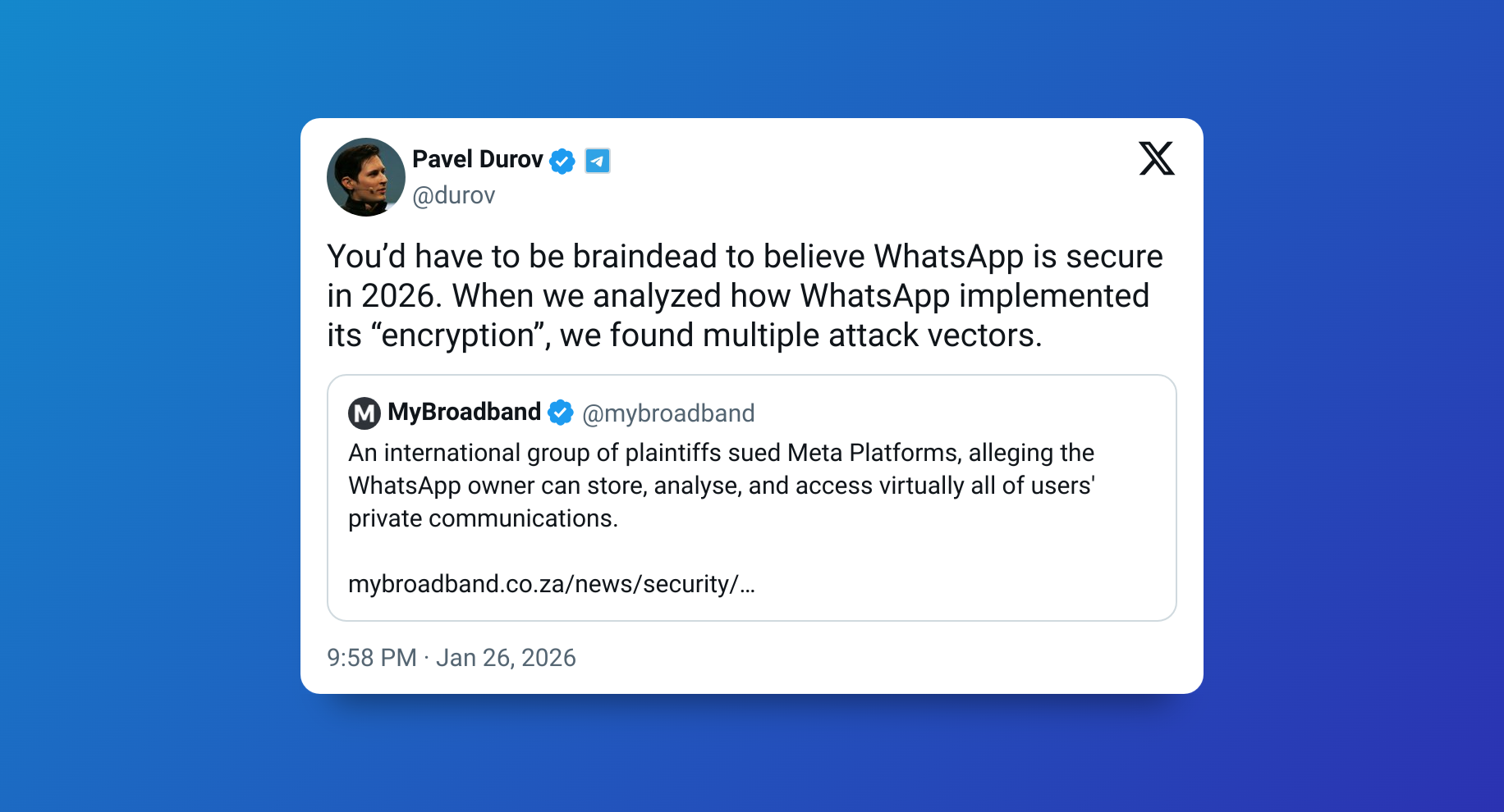 مدیران تلگرام، ایکس و واتساپ ضعفهای امنیتی یکدیگر را افشا کردند مدیران تلگرام، ایکس و واتساپ ضعفهای امنیتی یکدیگر را افشا کردند