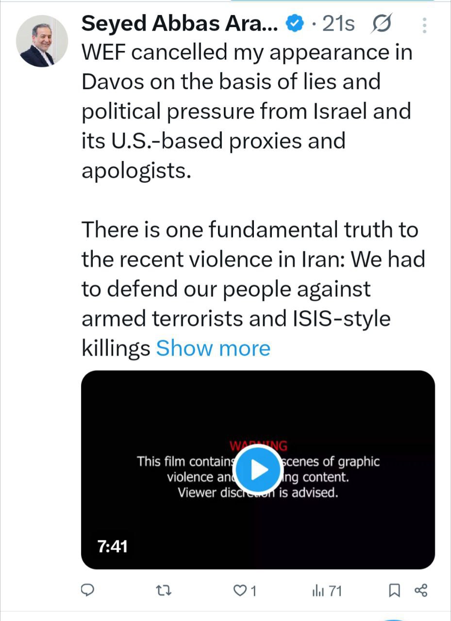 توییت عراقچی درباره جلوگیری از حضور او در داووس