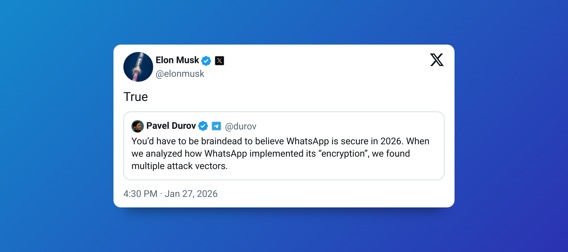 مدیران تلگرام، ایکس و واتساپ ضعفهای امنیتی یکدیگر را افشا کردند مدیران تلگرام، ایکس و واتساپ ضعفهای امنیتی یکدیگر را افشا کردند