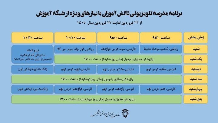اعلام جدول پخش مدرسه تلویزیونی دانشآموزان با نیازهای ویژه تا ۲۷ فروردین اعلام جدول پخش مدرسه تلویزیونی دانشآموزان با نیازهای ویژه تا ۲۷ فروردین