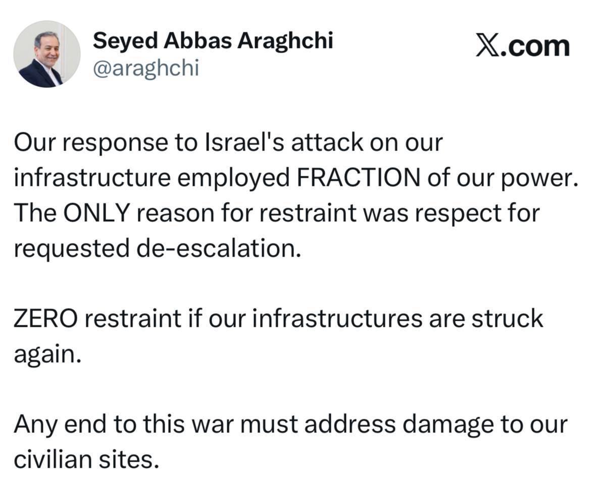 عراقچی: در صورت تکرار حمله به زیرساخت‌های ایران دیگر هیچ خویشتن‌داری وجود نخواهد داشت