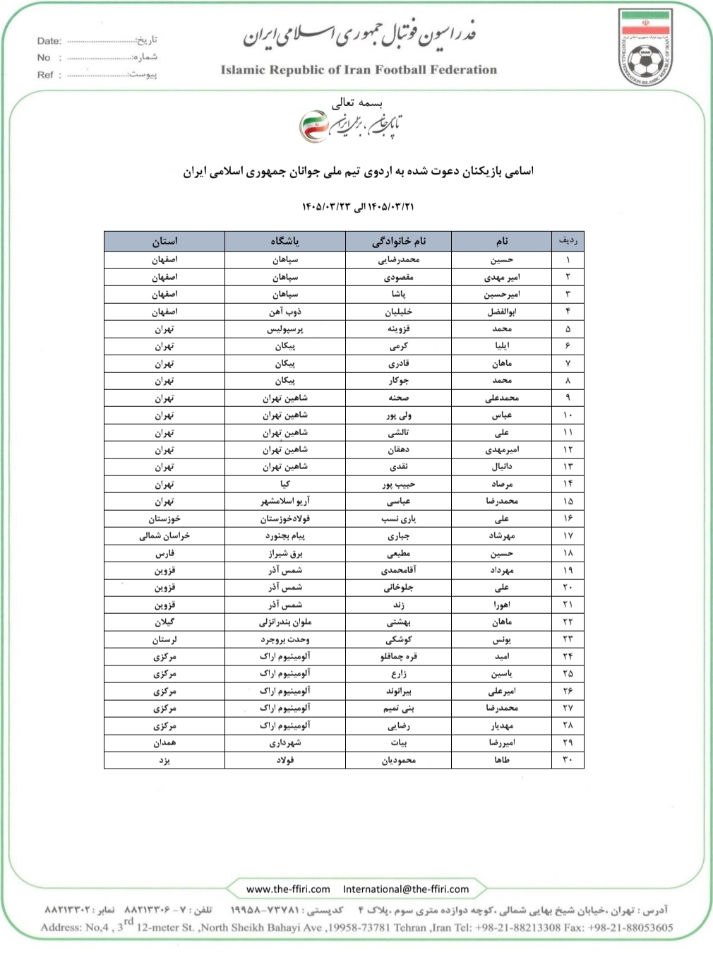 اعلام اولین لیست حدادی‌فر برای تیم ملی جوانان