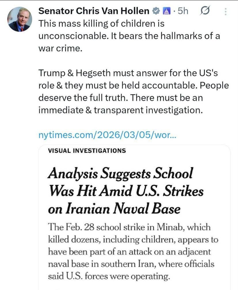 سناتور آمریکایی: کشتار جمعی کودکان نشانه‌های «جنایت جنگی» دارد / ترامپ و هگزت باید پاسخگو باشند