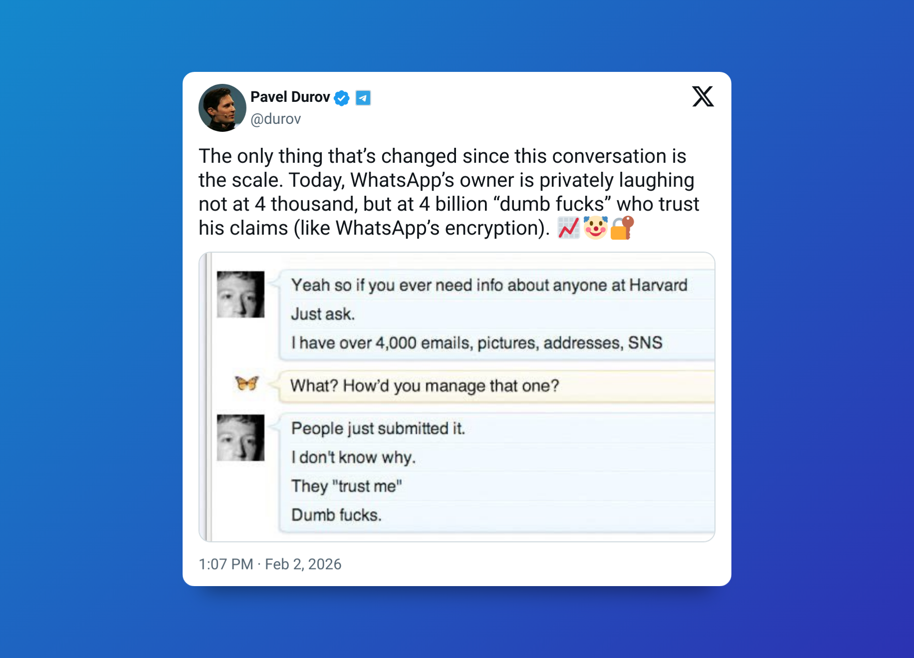 مالک تلگرام، مارک زاکربرگ را به تمسخر کاربران متهم کرد